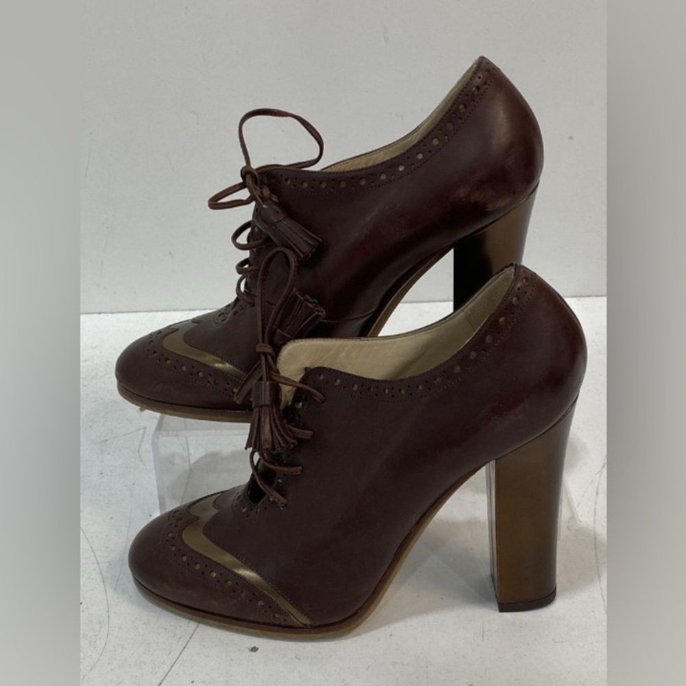 Brown Leather Wingtip Heel Oxford with Gold Accent - Picture 3 of 6